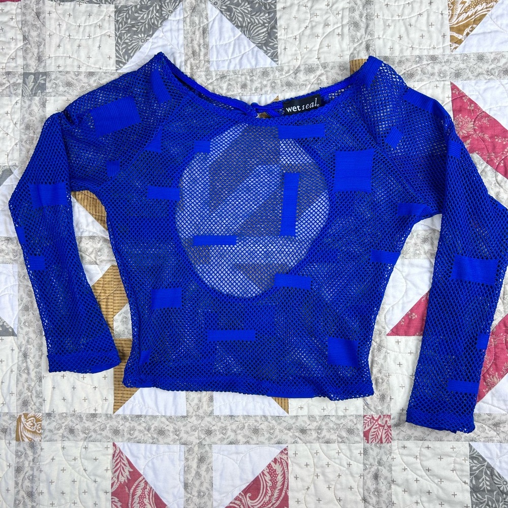 Wet seal fishnet mesh royal blue crop top 3/4 sleeve